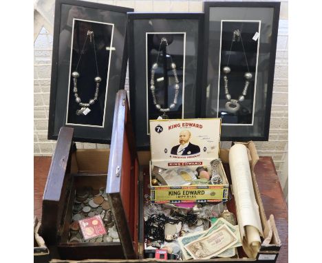 Collection of assorted items to include: vintage building society deposit notes, collection of coinage, silver plated hip fla