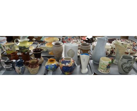 Three trays of mostly pottery items to include: dresser jugs; two tone stoneware and art pottery, vases; Burleigh ware Burges