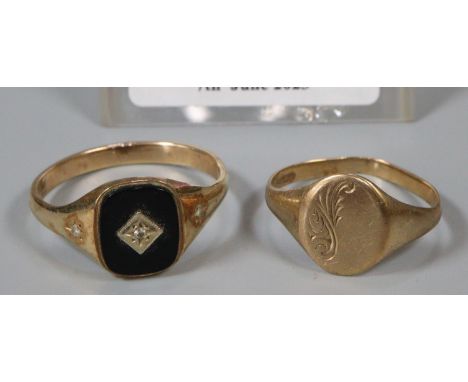 9ct gold signet ring.  2.8g approx.  Together with another 9ct gold hardstone signet ring 4.1g approx.  (2)   (B.P. 21% + VAT
