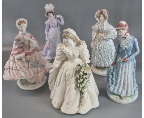 Four Royal Worcester figurines to include: 'Crinoline', 'The Bustle', 'The Romantic', 'The Regency' and a Coalport figurine '