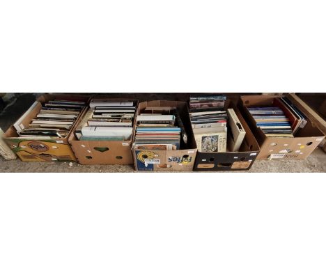 Five boxes of assorted books to include: Sotheby's, antique books to include English Delftware, The Victorian Country House, 