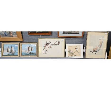Chinese School, study of sailing Junks, a pair. Watercolours. 20x24cm approx. Framed. together with a print of a Japanese bir