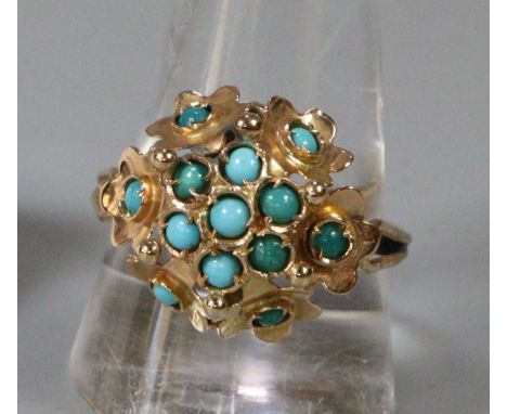 Yellow metal and turquoise stone dress ring.  4.2g approx.  Size S 1/2.   (B.P. 21% + VAT) 