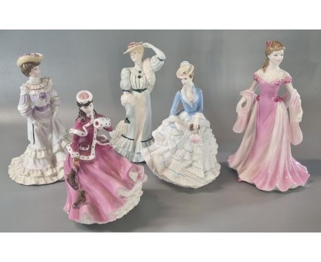 Four Coalport bone china figurines to include: Golden Age 'Louisa at Ascot', 'A Seaside Stroll', 'Beatrice at the Garden Part