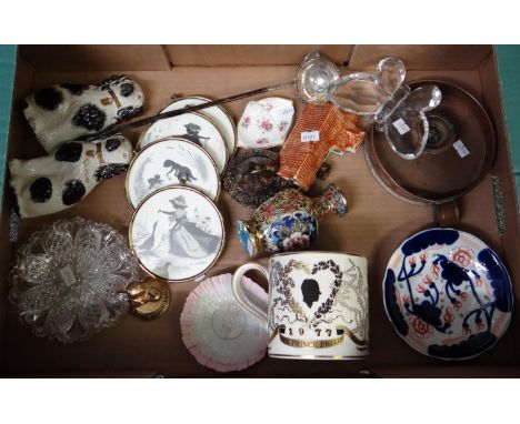 Collection of assorted items to include: small Staffordshire seated spaniels, moulded glass pin trays, Mickey Mouse figure, C