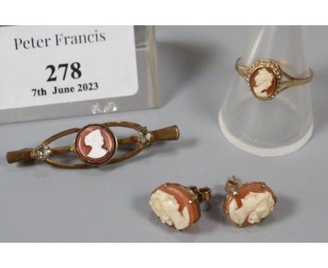 9ct gold cameo ring with a pair of matching earrings and a gilt metal and white stone brooch.  (B.P. 21% + VAT) 
