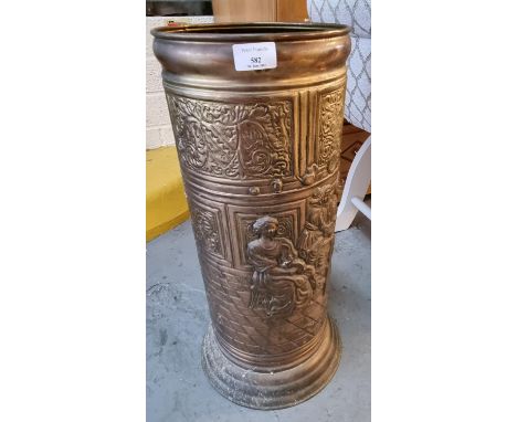 Early 20th century brass repoussé figural stick stand. (B.P. 21% + VAT)  Height: 57cm approx, Base diameter: 29cm approx, Top