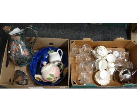 Two boxes of mostly china and glass to include: Duchess 'Greensleeves' design teapot, milk jug and sucrier, Royal Vale teacup