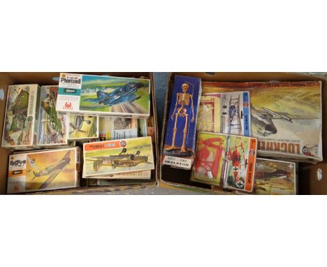 Two boxes of Airfix Models to include: Skeleton, Hawker Hurricane, Bofers Gun and Tractor, North American Mitchell etc.  all 