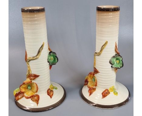Pair of Clarice Cliff 'My Garden' cylinder spill vases. 18cm high approx. (B.P. 21% + VAT)  Both dusty, no chips or cracks no