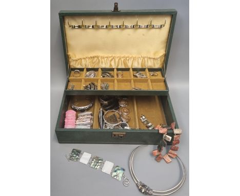 Jewellery box comprising assorted silver, mother of pearl and Abalone jewellery to include: butterfly, marlin and other brooc