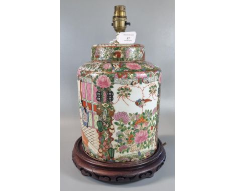 Oriental design Macau decorated Canton style cylindrical lamp base in the form of a jar and cover on wooden carved and pierce