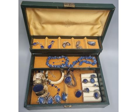 Jewellery box comprising assorted jewellery, mainly Lapis Lazuli: dress rings, bangle, bracelets, necklace, earrings etc.  ma