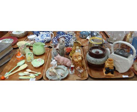 Three trays of mostly ceramics to include; Carlton Ware and similar items; toast rack, jug, mug, salad tongs, spoons, pin tra