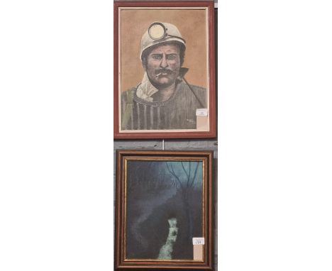 Graham Clarke (Welsh 20th century), portrait of a Miner, signed.  Oils on board.  41x29cm approx.  Framed.  Together with Les