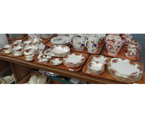 Three trays of Royal Albert English bone china 'Old Country Roses' design items to include: various sizes of plates, bowls, t