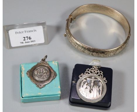 Cardboard box comprising three silver items: bangle, football fob and a religious coin in mount marked Passion 1980 Oberammer