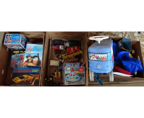 Three boxes of assorted toys and diecast model vehicles to include: Lone Star tractor shovel, New Astronaut Automatic battery