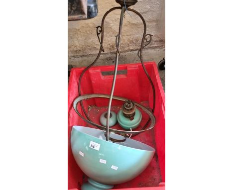 Early 20th century green opaline glass and gilt metal hanging oil lamp shade and reservoir.   (B.P. 21% + VAT) 