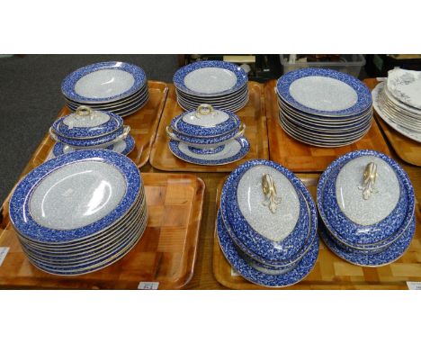 Five trays of 19th Century Royal Worcester floral blue chintz pattern dinnerware to include: various plates, shallow bowls, s