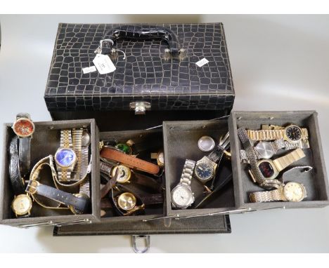 Simulated crocodile skin jewellery box comprising assorted wristwatches to include: Avia Marine and other Avia watches, Timex