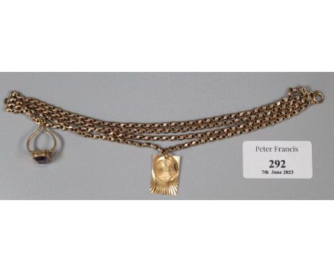 Yellow metal curb link chain with purple stone dress ring, pendant etc.  Not tested.  17.7g approx.   (B.P. 21% + VAT) 