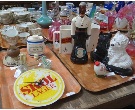 Two trays of assorted advertising breweriana items to include: two Wade Johnnie Walker Red label old Scotch whisky dresser ju