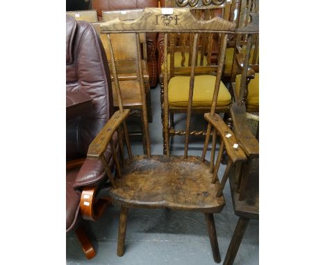 Primitive style beech and burr stick back armchair with initial to the back rail.  (B.P. 21% + VAT) 