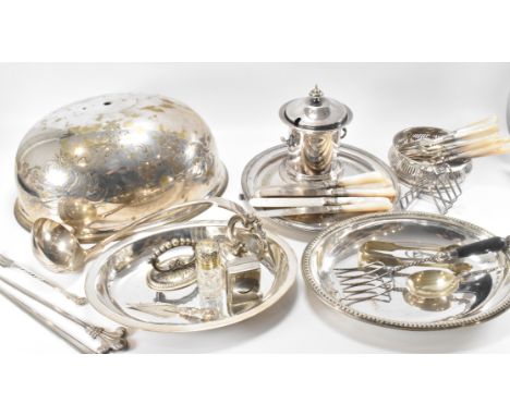 A selection of mid 20th Century silver plated items to include a set of mother of pearl handled cutlery, a meat cover dome, w