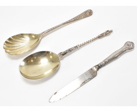 A group of three 20th Century silver hallmarked cutlery items. The lot to include a silver handled 1904 hallmarked knife, a 1