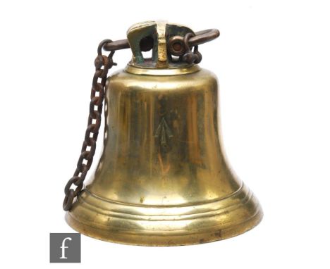A mid 20th Century brass scramble or ship's bell, World War II era, stamped with a broad arrow to the side, further stamped 3