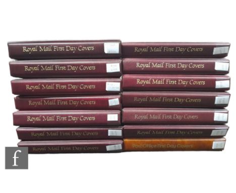 Fourteen ring binder albums of Queen Elizabeth II Royal Mail first day covers, 1980-2020. (14) 