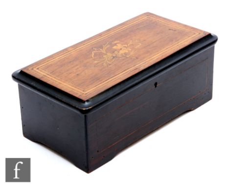A musical box playing six airs No 5160 with tune card, cylinder 13.5cm, in line inlaid floral marquetry and part ebonised cas