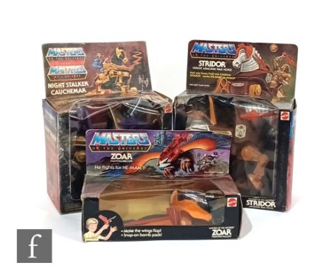 Three Mattel Masters of the Universe creatures/vehicles with original boxes, Stridor, Night Stalker and Zoar. (3) 