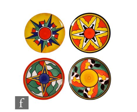 Four Wedgwood Clarice Cliff Bradford Exchange wall plates decorated in Abstract patterns, all with printed marks, diameter 20