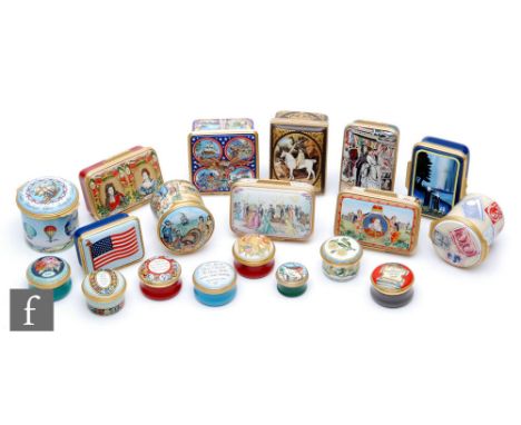 Nineteen assorted Halcyon Days Enamel pill or trinket boxes of varying form to include examples with American scenes, the Mil