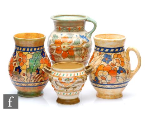 Four pieces of Charlotte Rhead for Crown Ducal comprising a&nbsp;vase and a flower jug decorated in the Byzantine pattern, a 