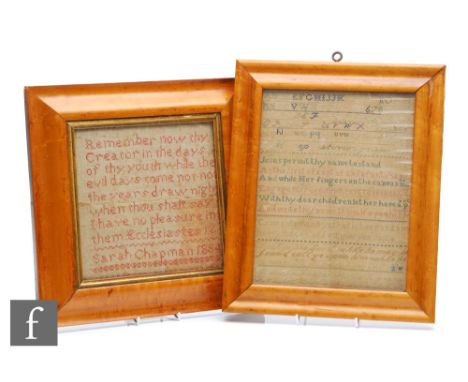 Two 19th Century framed samplers, the first worked by Martha Foster aged 8 years in 1863 with the alphabet and religious vers