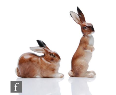 Two Royal Doulton K series model rabbits comprising K37 a seated rabbit with ears back, length 4.5cm, and K39 a standing rabb