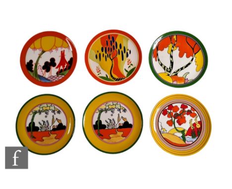Six Wedgwood Clarice Cliff Bradford Exchange wall plates decorated in the two Tulip, Summerhouse, Windbells, Bridgewater and 