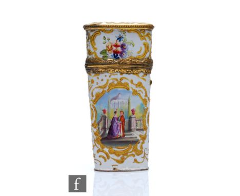 A 19th Century enamel necessaire, probably continental, decorated with hand painted cartouche panels, one side with a lady an