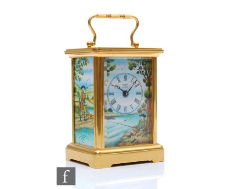 A Halcyon Days enamel carriage clock decorated to the front and side panels with scenes of fishermen, retains key, height 11c