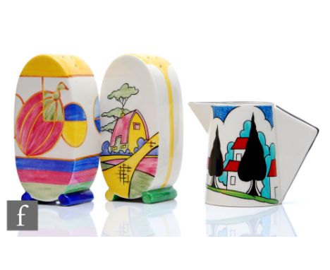 Three pieces of boxed Wedgwood Clarice Cliff comprising a conical jug in the May Avenue pattern and two sifters, one in the P