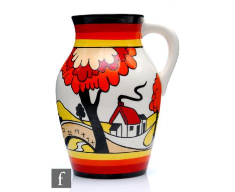 A boxed Wedgwood Clarice Cliff hand painted single handled lotus jug decorated in the House and Bridge pattern, printed mark,