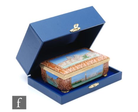 A boxed Halcyon Days Enamel music box playing Spring from the Four Seasons by Antonio Vivaldi, length 12cm. 