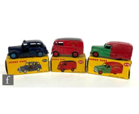 Three Dinky Toys diecast models,&nbsp;470 Austin Shell/BP Delivery Van in two-tone green and red, lacking logos, 260&nbsp;Mor