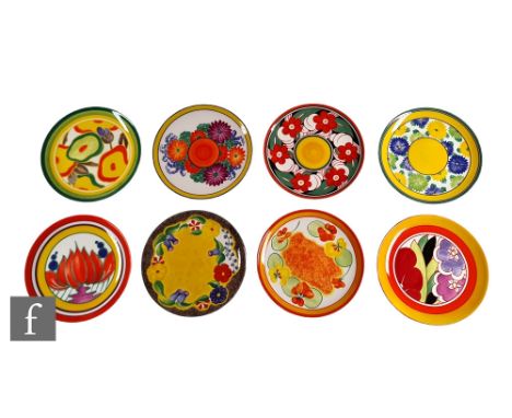 Eight Wedgwood Clarice Cliff Bradford Exchange wall plates patterns comprising Gayday, Floreat, Sungay, Gardenia Red, Nasturt