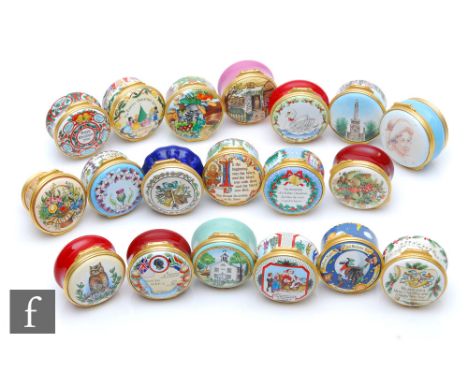 Nineteen assorted Halcyon Days enamel pill or trinket boxes, designs include Halloween, Christmas, The Queen Mother, State Vi