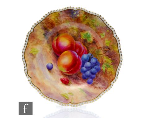 A Royal Worcester Fallen Fruits cabinet plate decorated by Maybury with hand painted peaches, red grapes and a raspberry, sig