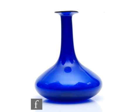 A late Georgian Bristol blue decanter, of low shouldered form with tall collar neck and flared rim, height 23cm. 